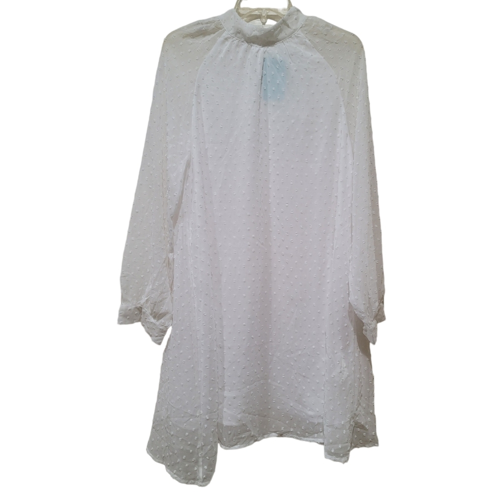 Iffei Women's White Long Sleeve Clip-Dot Lined Above the Knee Shift Dress, M